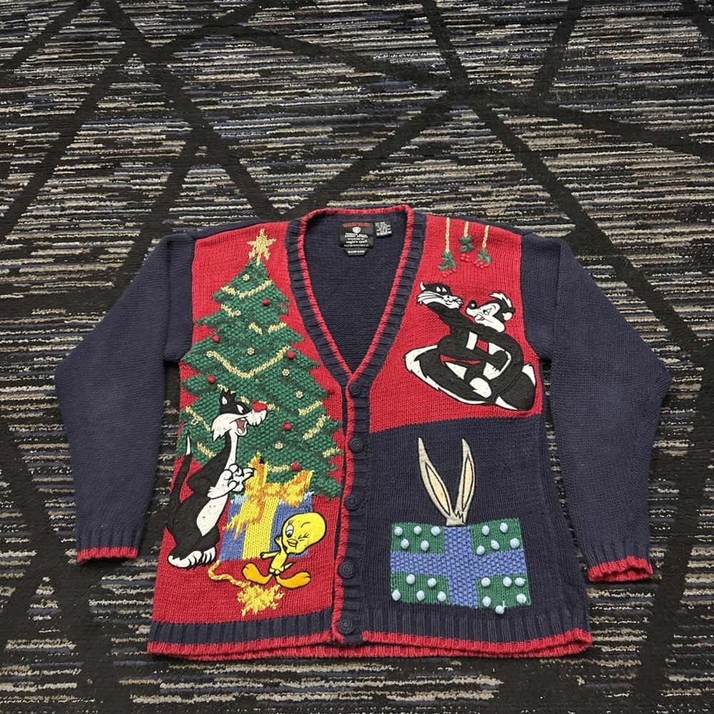 VTg Looney Tunes 90s Eagles Eye Cardigan Sweater Warner Bros Christmas Adult S